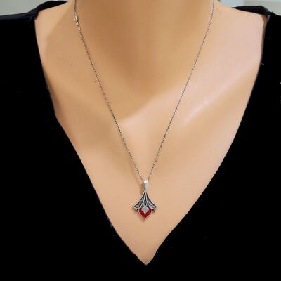 925 Sterling Silver Heart Design Pendant with Red Enameled - 1