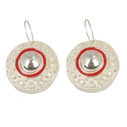 925 Silver Red Enameled Antique Globe Drop Earrings - Nusrettaki