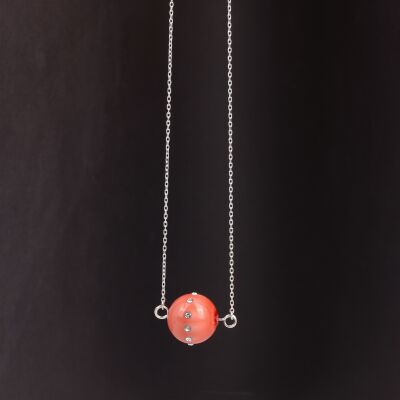 925 Ayar Gümüş 14 mm Kırmızı Renk İncili Üzeri Zirkon Taşlı Kolye - 2