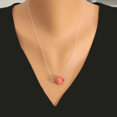 925 Ayar Gümüş 14 mm Kırmızı Renk İncili Üzeri Zirkon Taşlı Kolye - 1