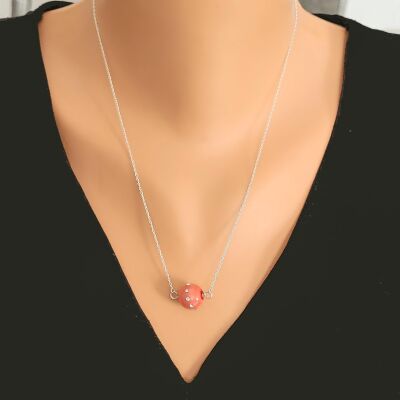 925 Ayar Gümüş 12 mm Kırmızı Renk İncili Üzeri Zirkon Taşlı Kolye - 1