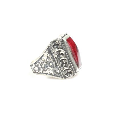 925 Ayar Gümüş Kırmızı Sıkma Kehribar Taşlı Kalemkar Erkek Yüzüğü - 3