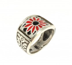 925 Ayar Gümüş Kırmızı Siyah Mineli Çiçek Motifli Erkek Yüzük - 5