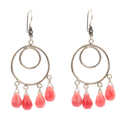 Nusrettaki - 925 Sterling Silver Double Circle Earrings With Red Stones