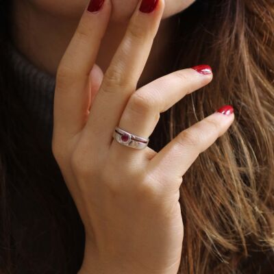 925 Ayar Gümüş Kırmızı Taşlı Çift Model Yüzük - 1