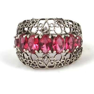 925 Ayar Gümüş Kırmızı Taşlı Telkari Yüzük - 3