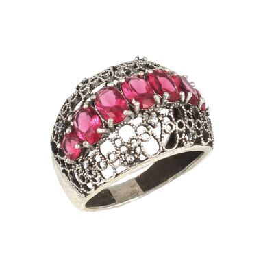 925 Ayar Gümüş Kırmızı Taşlı Telkari Yüzük - 1