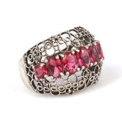 925 Ayar Gümüş Kırmızı Taşlı Telkari Yüzük - 4