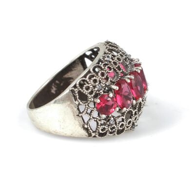 925 Ayar Gümüş Kırmızı Taşlı Telkari Yüzük - 2