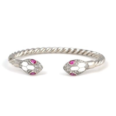925 Ayar Gümüş Kırmızı Taşlı Yılan Başı Burgu Kol Erkek Bileziği - 4