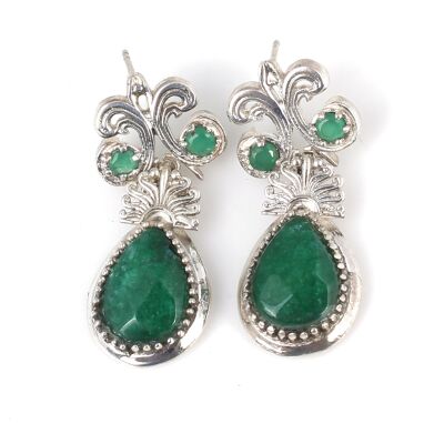 925 Ayar Gümüş Kök Zümrüt Taşlı Antik Küpe - 1