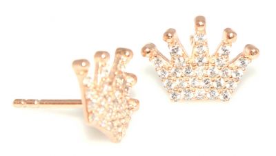 925 Rose Silver Crown Model Stud Earrings, White Zircon - 2