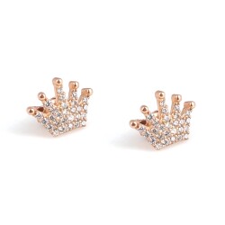 925 Rose Silver Crown Model Stud Earrings, White Zircon - Nusrettaki