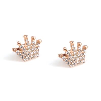 925 Rose Silver Crown Model Stud Earrings, White Zircon - 1