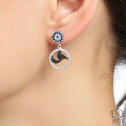 925 Silver Dove & Hoop Dangle Earrings with Evil Eye - Nusrettaki