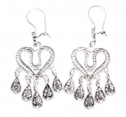925 Silver Heart Shaped Tulip Design Dangle Filigree Earrings - Nusrettaki