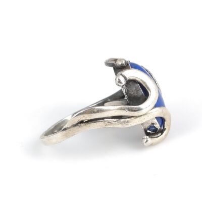 925 Ayar Gümüş Lapis Taşlı Oval Kapişon Yüzük - 4