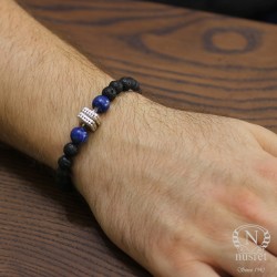 Silver Men's Bracelet with Lava & Lapis Lazuli - Nusrettaki