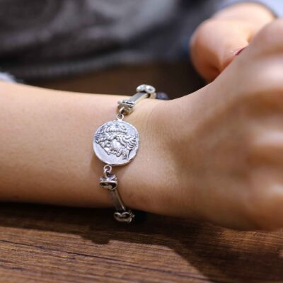 925 Ayar Gümüş Lav Taşlı Sezar Paralı Şarnelli Bileklik - 6