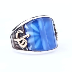 Elif & Vav Arabic Letter Design Silver Men's Ring with Blue Agate - Nusrettaki (1)