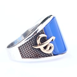 Elif & Vav Arabic Letter Design Silver Men's Ring with Blue Agate - 3
