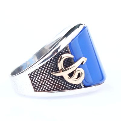 Elif & Vav Arabic Letter Design Silver Men's Ring with Blue Agate - 3