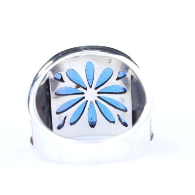 Elif & Vav Arabic Letter Design Silver Men's Ring with Blue Agate - 5