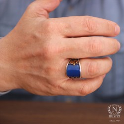 Elif & Vav Arabic Letter Design Silver Men's Ring with Blue Agate - 7