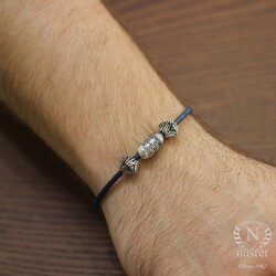 Silver Blue Leather Men's Bracelet - Nusrettaki