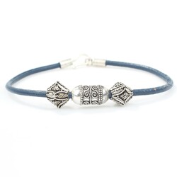 Silver Blue Leather Men's Bracelet - Nusrettaki (1)