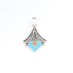 Nusrettaki - 925 Sterling Silver Heart Design Pendant with Blue Enameled
