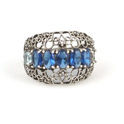 925 Ayar Gümüş Mavi Taşlı Telkari Yüzük - 2