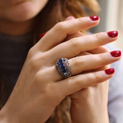 925 Ayar Gümüş Mavi Taşlı Telkari Yüzük - 1