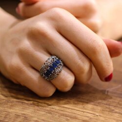 925 Ayar Gümüş Mavi Taşlı Telkari Yüzük - 3