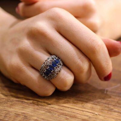 925 Ayar Gümüş Mavi Taşlı Telkari Yüzük - 3