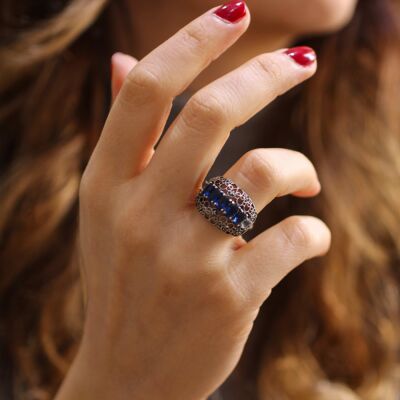 925 Ayar Gümüş Mavi Taşlı Telkari Yüzük - 6