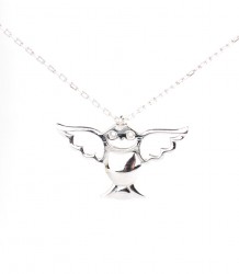 Sterling Silver Angel Owl Necklace, White Gold Vermeil - Nusrettaki