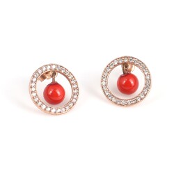 925 Rose Silver Red Coral Hoop Dangle Earrings - Nusrettaki