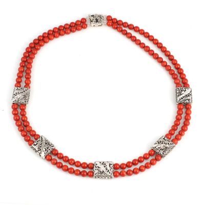 925 Ayar Gümüş Mercan Taşlı Gümüş Ajurlu Parçalı Kolye - 2