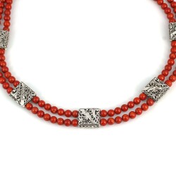 925 Ayar Gümüş Mercan Taşlı Gümüş Ajurlu Parçalı Kolye - 3