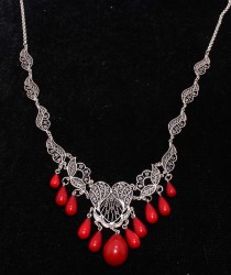 925 Sterling Silver Filigree Necklace with Coral - Nusrettaki (1)