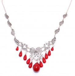 925 Sterling Silver Filigree Necklace with Coral - Nusrettaki