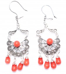 925 Silver Half Flower Design Chandelier, Hoop Filigree Earrings with Red Coral Stone - Nusrettaki