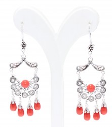 925 Silver Half Flower Design Chandelier, Hoop Filigree Earrings with Red Coral Stone - Nusrettaki (1)