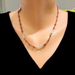 925 Sterling Silver İnfinity Design Necklace with Coral & Mother of Pearl - Nusrettaki