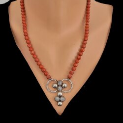925 Sterling Silver Necklace with Coral & Cz - Nusrettaki