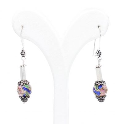 Sterling Silver 925 Stylish Dangle Filigree Earrings with Dangling Enameled Ball - 1