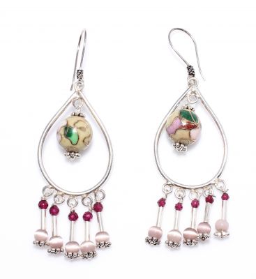 925 Silver Hoop Chandelier Earrings with Filigree Pieces and Enameled Pieces - 3