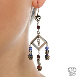 Nusrettaki - 925 Silver Enameled Pieced Square Shaped Filigree Earrrings, Chandelier