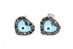 925 Silver Evil Eye Heart Stud Earrings, Black Zircon - Nusrettaki